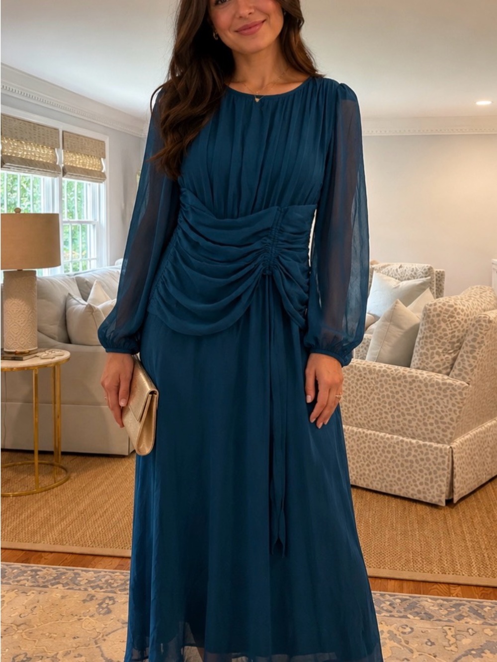 SHEIN Teal Pleated Long-Sleeve Maxi Dress